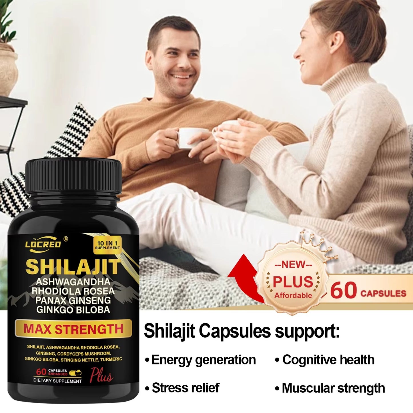 B-READY Shilajit Capsules Ashwagandha Extra Strength Dietary Supplement 60 Capsules Unisex Boost Performance