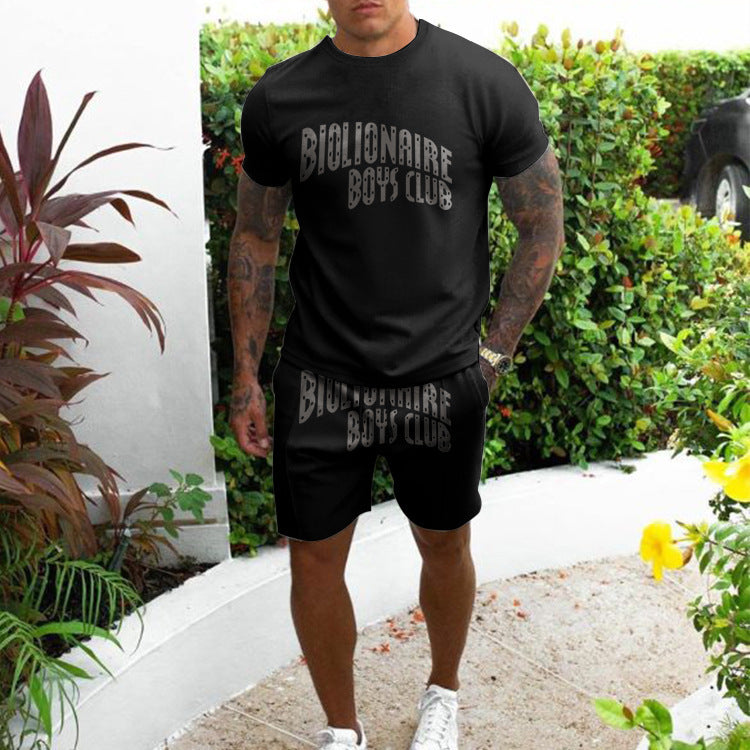 B-READY Gym Bodybuilder Outfit Sport Men's Casual Short Sleeve Two-piece Suit
