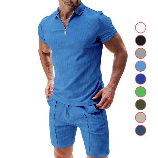 B-READY 2026 2Pcs MUSCLE SHIRT UND SHORTS  Casual Waffle Suit Summer Zipper Lapel Short-sleeved Top And Drawstring Pockets Shorts Versatile Solid Color T-shirt Set For Mens Clothing