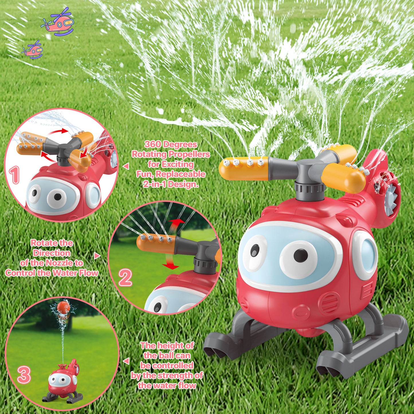 4-in-1-Wassersprinkler-T-Ball-Set für Kinder und Kleinkinder, Baseball-Sprinkler für Hinterhof-Hubschrauber-Spielzeug im Freien, Befestigung am Gartenschlauch, Wasserspielzeug für Sommergartenpool