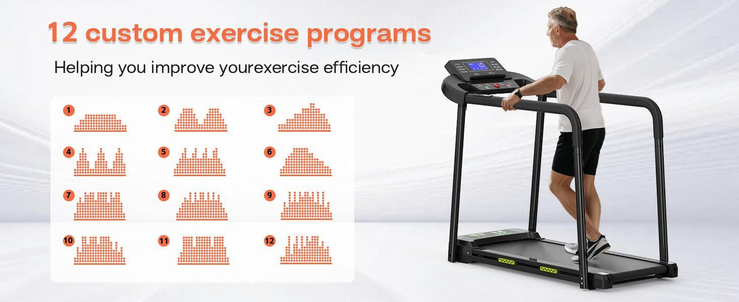 B-READY Family and Elderly Rehabilitation Composite Shock-absorbing Treadmill With Extended Handrails And Enlarged Running Platform, Suitable For The Elderly, Load-bearing 300 Pounds, Safety Key, Easy-to-move Wheels including Trainingsplan Course