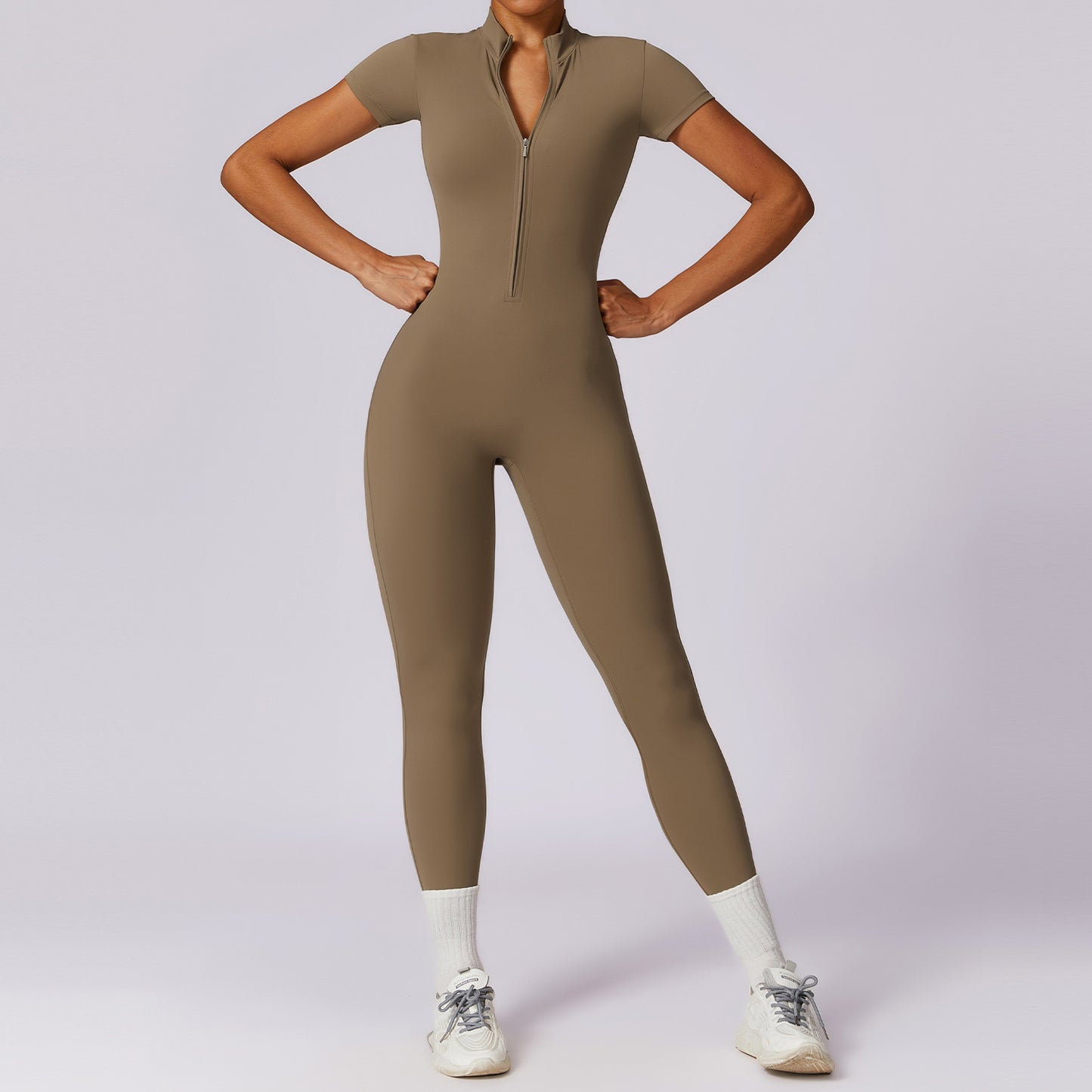 B-READY Zipper Short Sleeve Nude Feel Yoga Jumpsuit