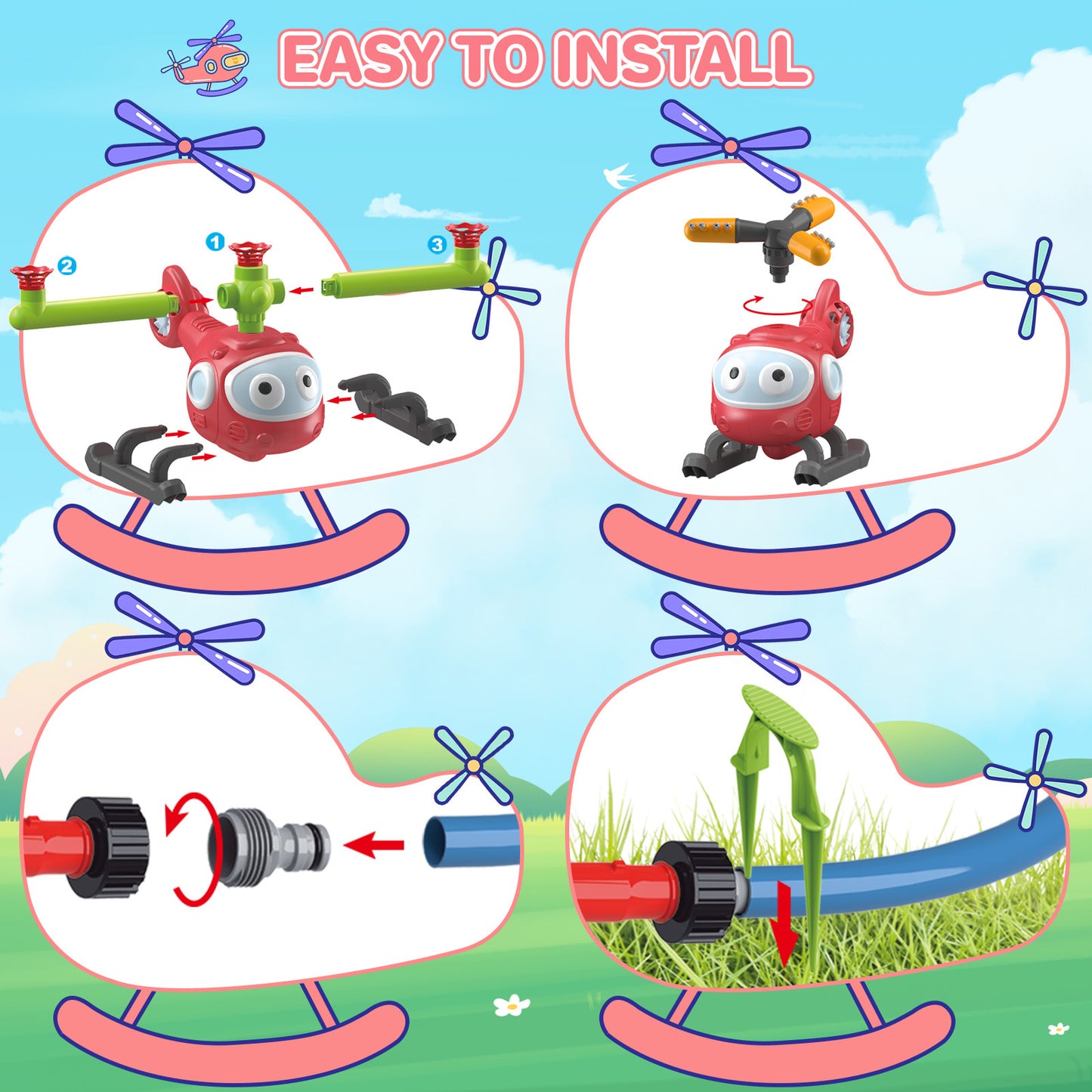 4-in-1-Wassersprinkler-T-Ball-Set für Kinder und Kleinkinder, Baseball-Sprinkler für Hinterhof-Hubschrauber-Spielzeug im Freien, Befestigung am Gartenschlauch, Wasserspielzeug für Sommergartenpool