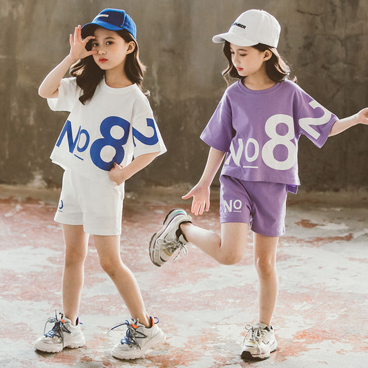 B-READY Loose Children's Wear Girl Short-sleeved Big Kids Sports Two-piece Suit