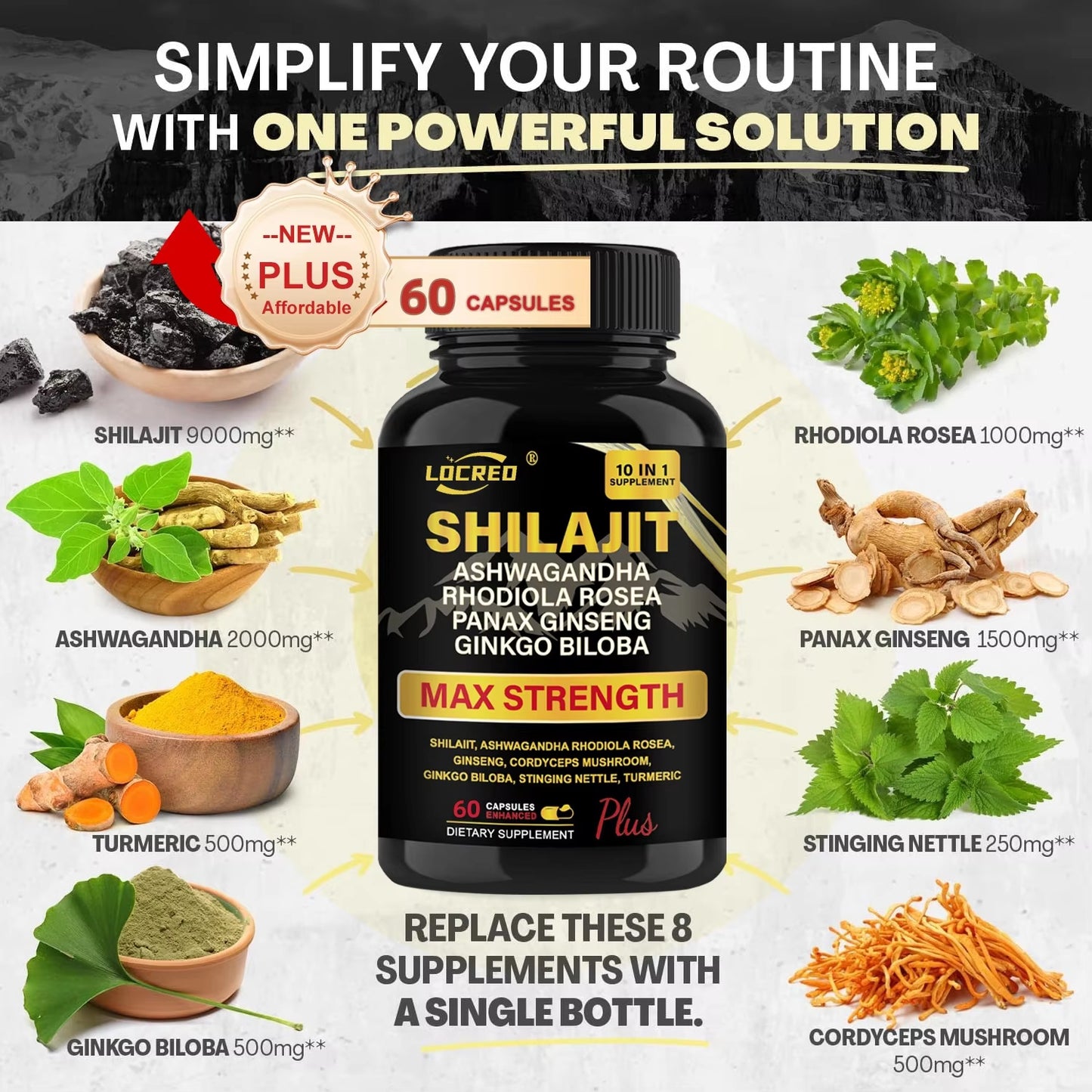 B-READY Shilajit Capsules Ashwagandha Extra Strength Dietary Supplement 60 Capsules Unisex Boost Performance