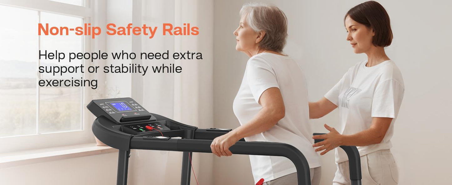 B-READY Family and Elderly Rehabilitation Composite Shock-absorbing Treadmill With Extended Handrails And Enlarged Running Platform, Suitable For The Elderly, Load-bearing 300 Pounds, Safety Key, Easy-to-move Wheels including Trainingsplan Course