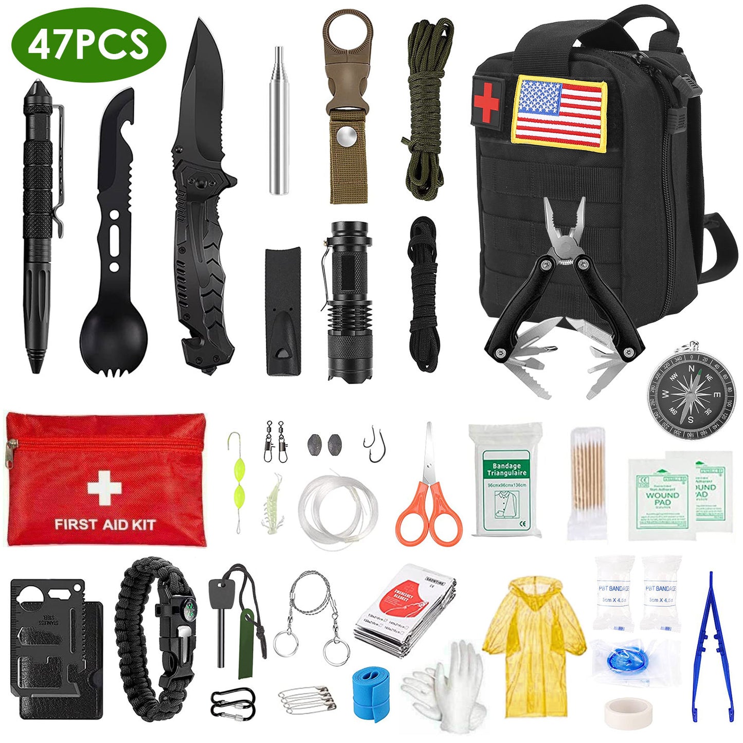 B-READY 47Pcs Emergency Survival Kit Survival EDC Gear Equipment Tool First Aid Supplies Kit Tools With Pouch For Hiking Hunting Disaster Camping Adventure