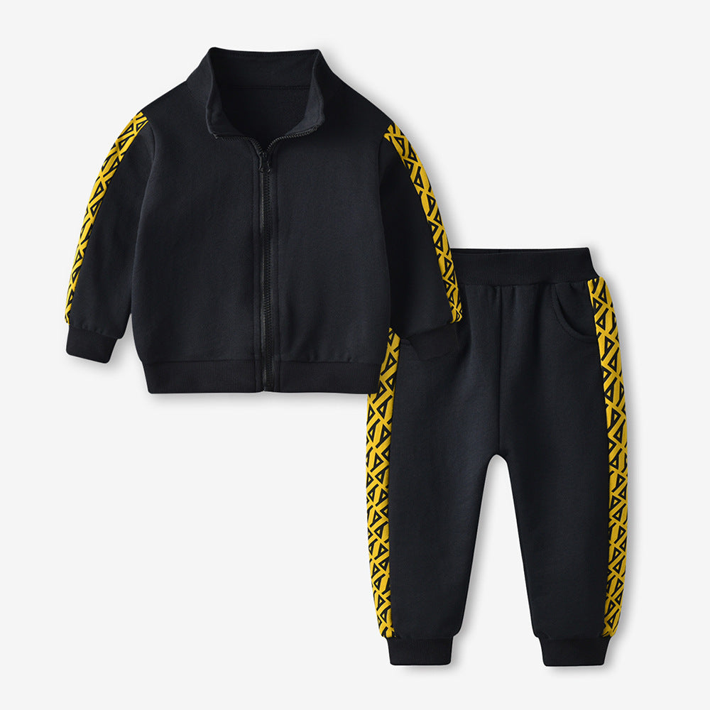 B-READY CUHK Kids Long Sleeve Printed Zipper Shirt Casual Sports Pants Set Black Two-Piece Set