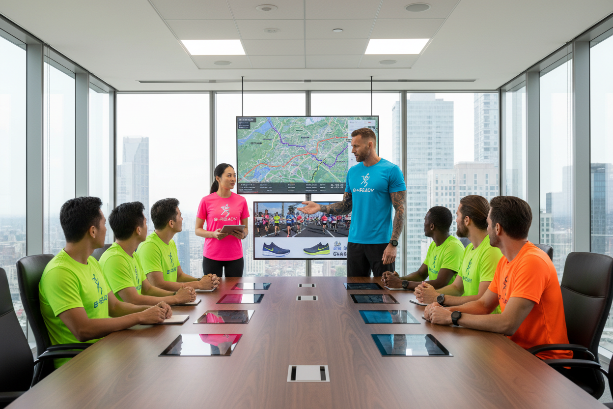 A modern, professional office meeting scene for B-READY26.COM.
A diverse leadership team is having a strategy meeting around a table.
The CEO is standing confidently, a tall, athletic, tattooed man with a strong presence.
Next to him stands a petite Asian woman, professional, confident, and focused.
All team members are wearing branded B-READY neon running jerseys.
The environment is clean, modern, and high-end, with glass walls, screens showing marathon maps and city routes, and a global sports-tech startu