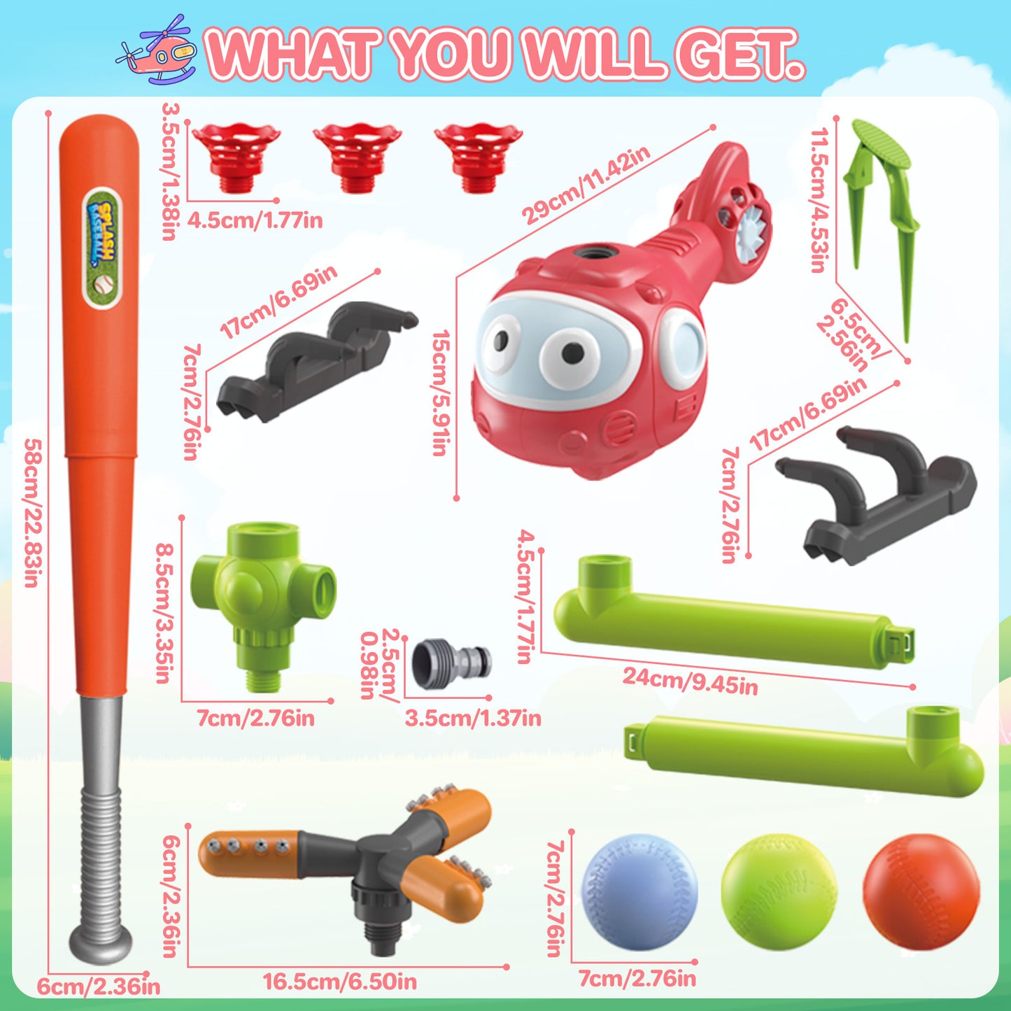 4-in-1-Wassersprinkler-T-Ball-Set für Kinder und Kleinkinder, Baseball-Sprinkler für Hinterhof-Hubschrauber-Spielzeug im Freien, Befestigung am Gartenschlauch, Wasserspielzeug für Sommergartenpool