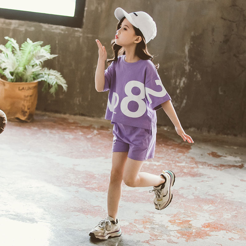 B-READY Loose Children's Wear Girl Short-sleeved Big Kids Sports Two-piece Suit