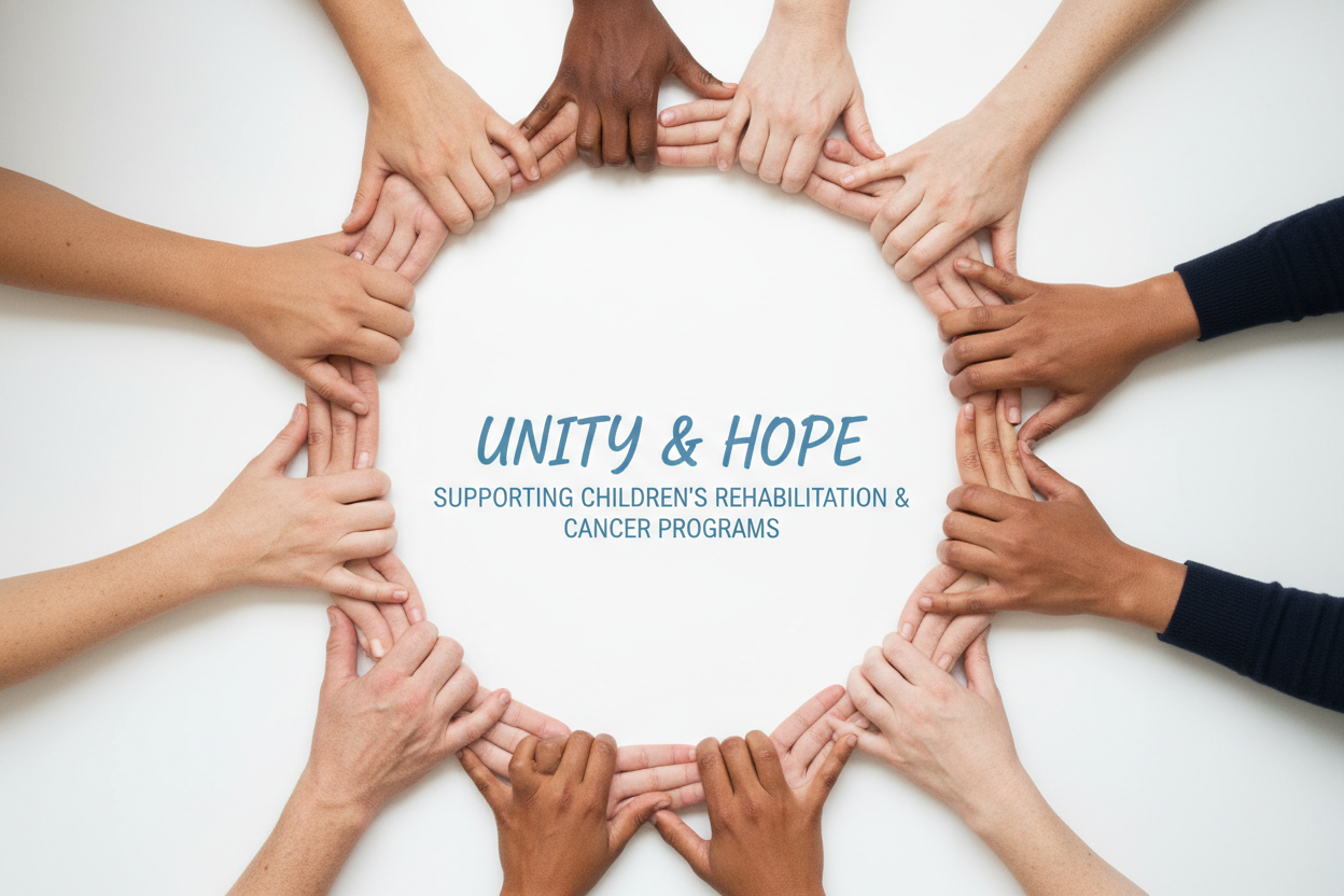 B-READY Charity Support — Spende für Kinderrehabilitation & Krebs-Programme 2026 generiere hände die ein kreis bilden 