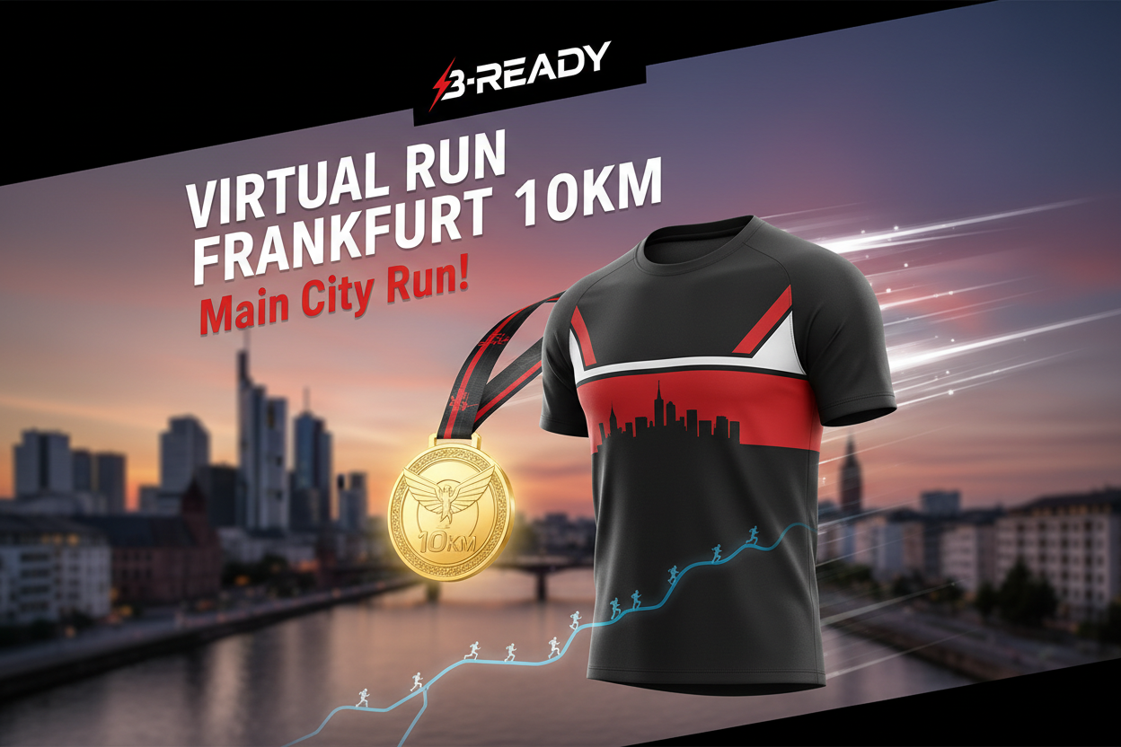 B-READY logo on tolp 🏃 VIRTUAL RUN FRANKFURT 10KM - Main City Run!

10km durch Frankfurt! Entlang des Mains!

✅ Komplett-Paket (€35):
🎽 Frankfurt City-Trikot - Skyline, Schwarz/Rot/Weiß
🏅 Digitale Medaille - Mit Name &amp; Zeit
📜 Zertifikat - Offiziell
🗺️ 10km Route-Map - Römer → Main Tower → Skyline
❤️ €16 Charity - Frankfurter Kinderhilfe
📋 Spendenquittung - Steuerlich absetzbar