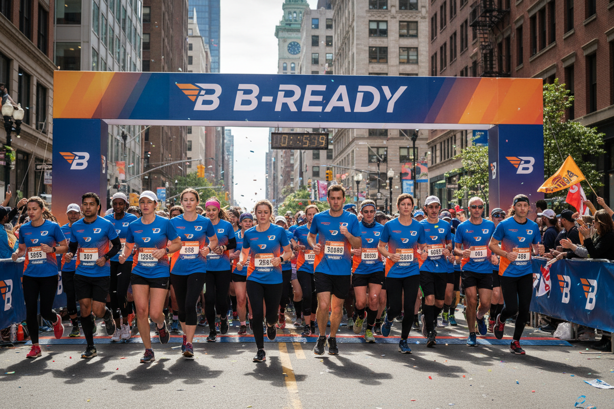 B-READY RUN & MARATHON EVENT MIT BANNER AND LOGO PEOPKLE  wearing B-READY Jersy with numbers 