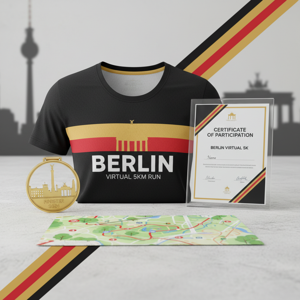 B-READY RUN & MARATHON 🏃 VIRTUAL RUN BERLIN 5KM - Perfekt für Einsteiger!

Dein erster Lauf für Berlin! 5 Kilometer durch die Hauptstadt - perfekt für Anfänger, Familien und alle die Berlin repräsentieren wollen!

✅ Komplett-Paket (€25):
🎽 Berlin City-Trikot - Brandenburger Tor, Schwarz/Rot/Gold
🏅 Digitale Medaille - Mit Name &amp; Zeit
📜 Zertifikat - Offiziell
🗺️ 5km Route-Map - Tiergarten-Runde
🏆 Leaderboard - 5km Kategorie
❤️ €11 Charity - Berliner Kinder-Hilfe
📋 Spendenquittung - Steuerlich abset