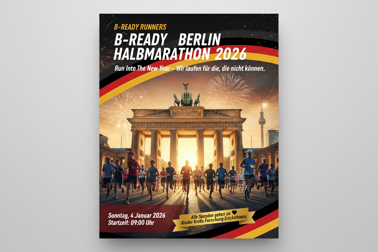 🏃♂️ B-READY RUNNERS BERLIN HALBMARATHON 2026
„Run Into The New Year – Wir laufen für die, die nicht können.“
📅 Event Details

Datum: Sonntag, 4. Januar 2026

Startzeit: 09:00 Uhr

Ort: Brandenburger Tor, Berlin 🇩🇪 Alle spenden gehen and Kinder Krebs Forschung Einrichtungen 
