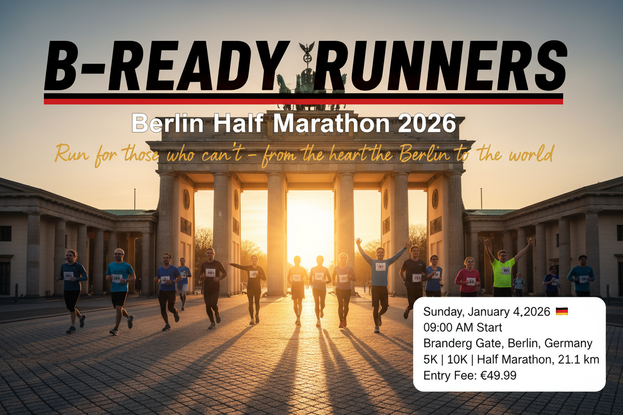 🇩🇪🏃♀️ B-READY RUNNERS – Berlin Half Marathon 2026 (In-Person Event)
“Run for those who can’t – from the heart of Berlin to the world.”
📅 Event Details

Date: Sunday, January 4, 2026

Start Time: 09:00 AM

Location: Brandenburg Gate, Berlin, Germany 🇩🇪

Distance: 5K | 10K | Half Marathon (21.1 km)

Entry Fee: €49.99 put the right details