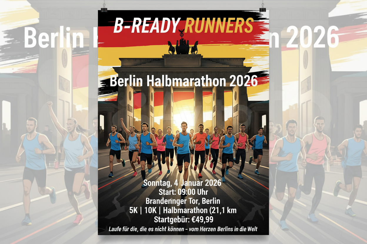 🇩🇪🏃♀️ B-READY RUNNERS – Berlin Half Marathon 2026 (In-Person Event)
“Run for those who can’t – from the heart of Berlin to the world.”
📅 Event Details

Date: Sunday, January 4, 2026

Start Time: 09:00 AM

Location: Brandenburg Tor , Berlin, Germany 🇩🇪

Distance: 5K | 10K | Half Marathon (21.1 km)

Entry Fee: €49.99 schreibe es in deutsch 