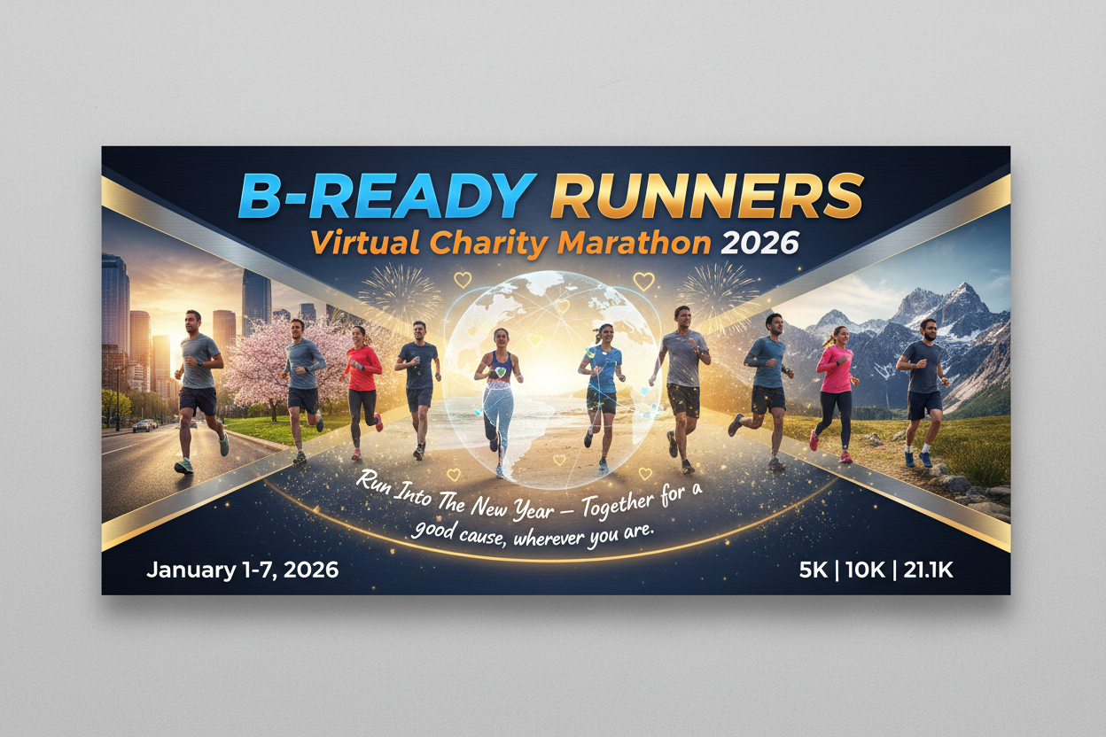 🌍 B-READY RUNNERS Virtueller Spendenmarathon 2026
„Run Into The New Year – Gemeinsam für den guten Zweck, egal wo du bist.“
📅 Event Details

Zeitraum: 1. – 7. Januar 2026

Ort: Weltweit (virtuell, laufe wo du willst)

Teilnahmegebühr: 29,99 €

Distanzen: 5 km | 10 km | 21,1 km (Halbmarathon)