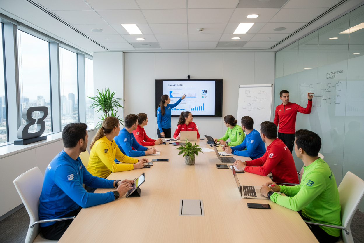 B-READY26.COM Büro besprechungsräume mit mit arbeitern mit B-READY Trikot an 