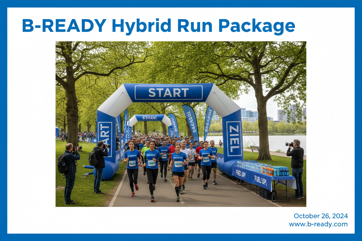 B-READY26.COM BANNER START UND ZIEL LINIE MARATHON NUMMERN ETC 🔵 HYBRID RUN PAKET - Lokal, Stressfrei, Ohne Behördenstress

Lokales Event mit professioneller Betreuung! Perfekt für Firmen &amp; Schulen die ein echtes Event wollen, aber ohne Straßensperren.

✅ Was ist enthalten:
🎽 Event-Trikots - Mit eurem Logo (physisch geliefert)
🗺️ Empfohlene Strecken - Lokale Routen (Parks, Uferwege, Runden)
📍 Lokaler Startzeitraum - Organisation &amp; Beschilderung
🚰 Getränke am Treffpunkt - Wasser &amp; Iso-Geträn