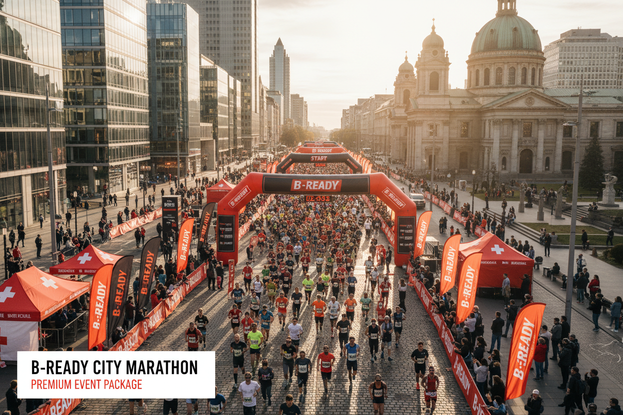 B-READY26.COM 🔴 CITY MARATHON PAKET - Voll betreutes Stadt-Event

Komplettes Marathon-Event für Städte &amp; Kommunen! Wir übernehmen alles - von Behörden bis Ziellinie.

✅ FULL-SERVICE ENTHALTEN:
📋 Planung &amp; Genehmigungen:
🏛️ Behörden-Abstimmung (Ordnungsamt, Polizei, Stadtverwaltung)
🚓 Sicherheitskonzept
🚗 Verkehrskonzept
📄 Genehmigungsunterlagen
⏰ Zeit- &amp; Ablaufpläne