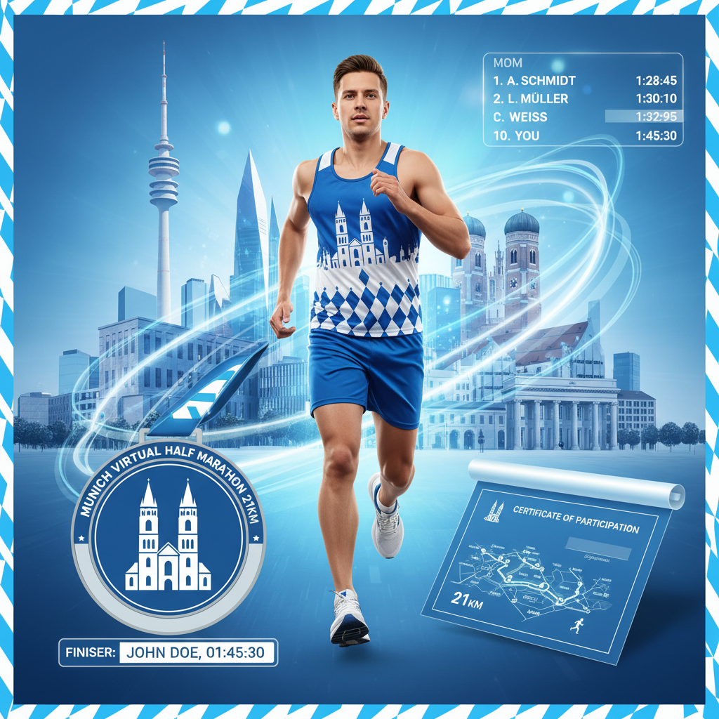 B-READY26.COM 🏃 VIRTUAL RUN MÜNCHEN 21KM - Halbmarathon!

21km durch München! Die Challenge für Bayern!

✅ Komplett-Paket (€45):
🎽 München City-Trikot - Frauenkirche, Blau/Weiß
🏅 Digitale Medaille - Mit Name &amp; Zeit
📜 Zertifikat - Offiziell
🗺️ 21km Route-Map - Große München-Runde
🏆 Leaderboard - Halbmarathon Kategorie