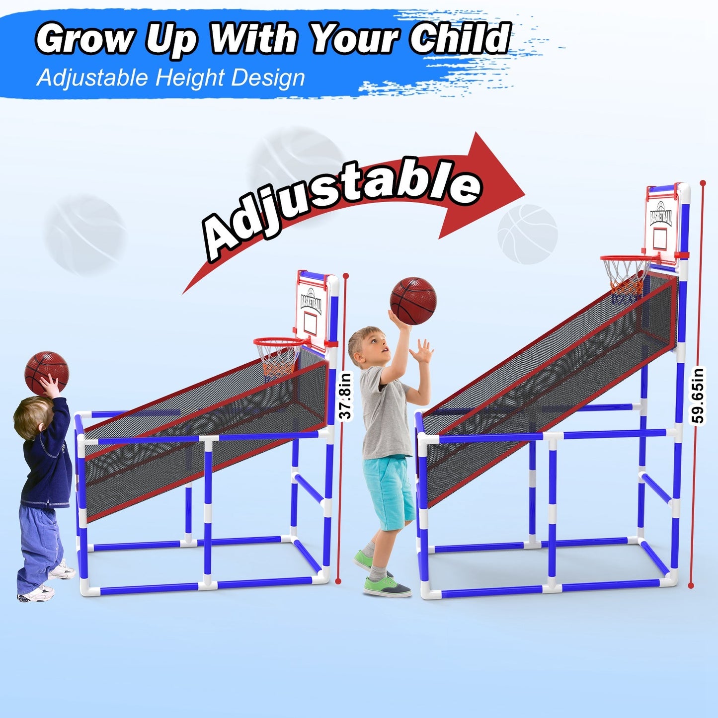 B-READY 1Set Kids Basketball Game Set With 2 Balls Adjustable Height Basketball Hoop Arcade Game Indoor Outdoor Toys For Boys Girls