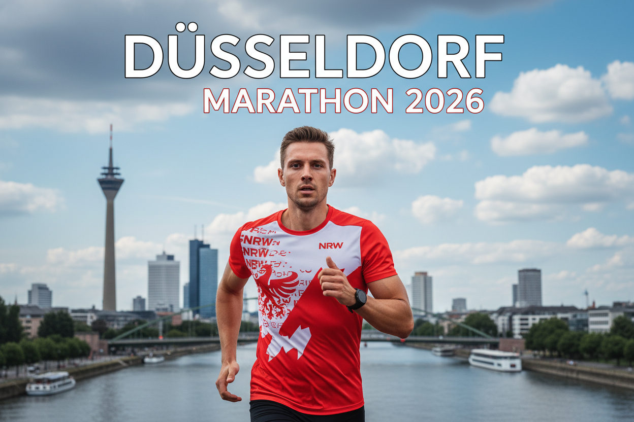 DÜSSELDORF AND MAKE IT LIKE THE FIRST IMAGE WITH NRW SKYLINE IN THE BACKGROUND 2026 MARATHON MAKE APERFECT PROCUCT IMAGE