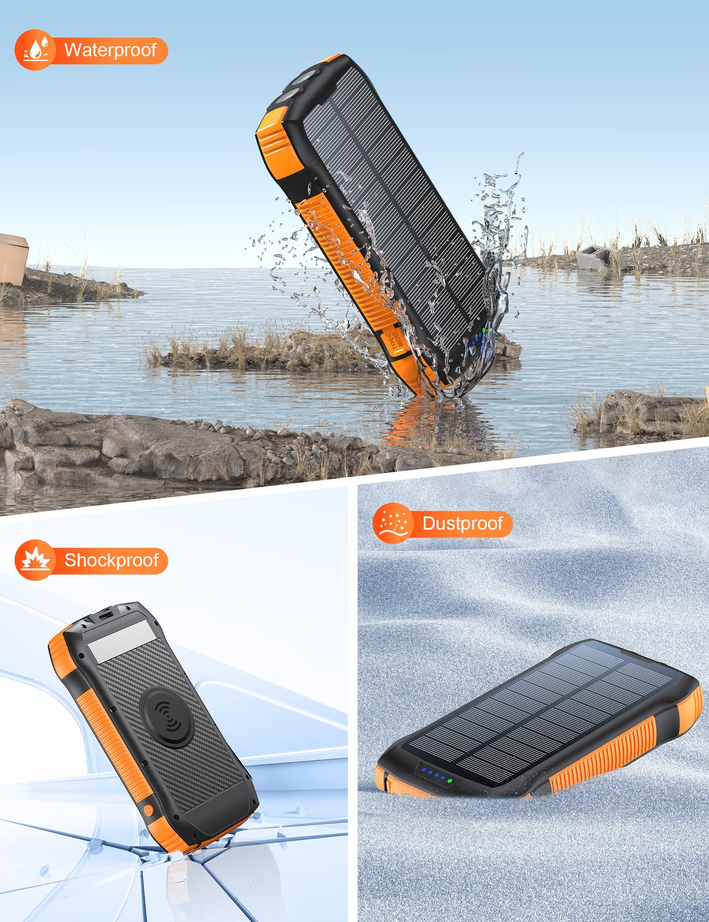 B-READY New Product Large Capacity 20000mAh 3 USB C Flashlight Ip67 Waterproof High-speed Wireless Charger Solar Power Bank B-PREPARED 2026
