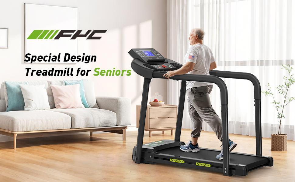 B-READY Family and Elderly Rehabilitation Composite Shock-absorbing Treadmill With Extended Handrails And Enlarged Running Platform, Suitable For The Elderly, Load-bearing 300 Pounds, Safety Key, Easy-to-move Wheels including Trainingsplan Course