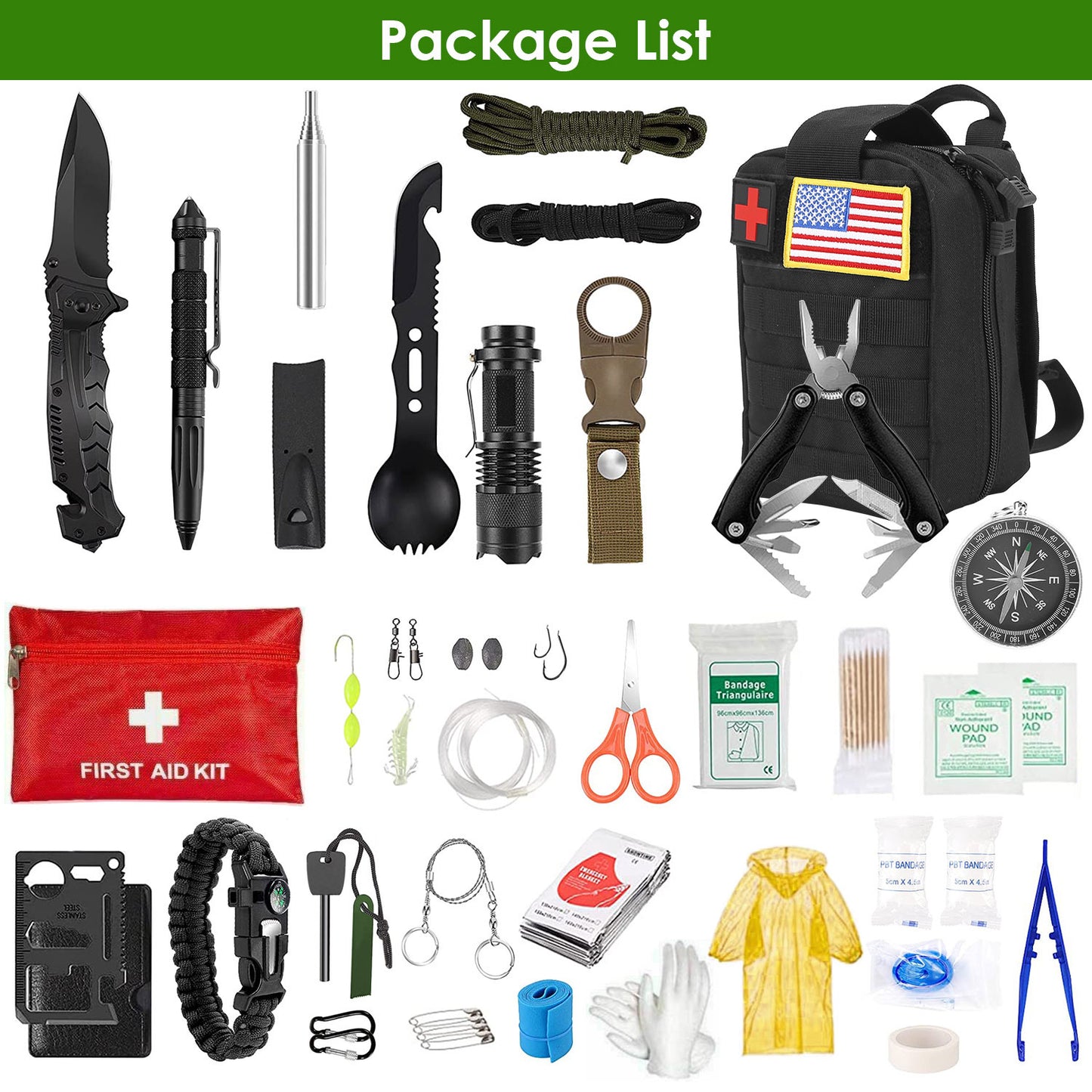 B-READY 47Pcs Emergency Survival Kit Survival EDC Gear Equipment Tool First Aid Supplies Kit Tools With Pouch For Hiking Hunting Disaster Camping Adventure