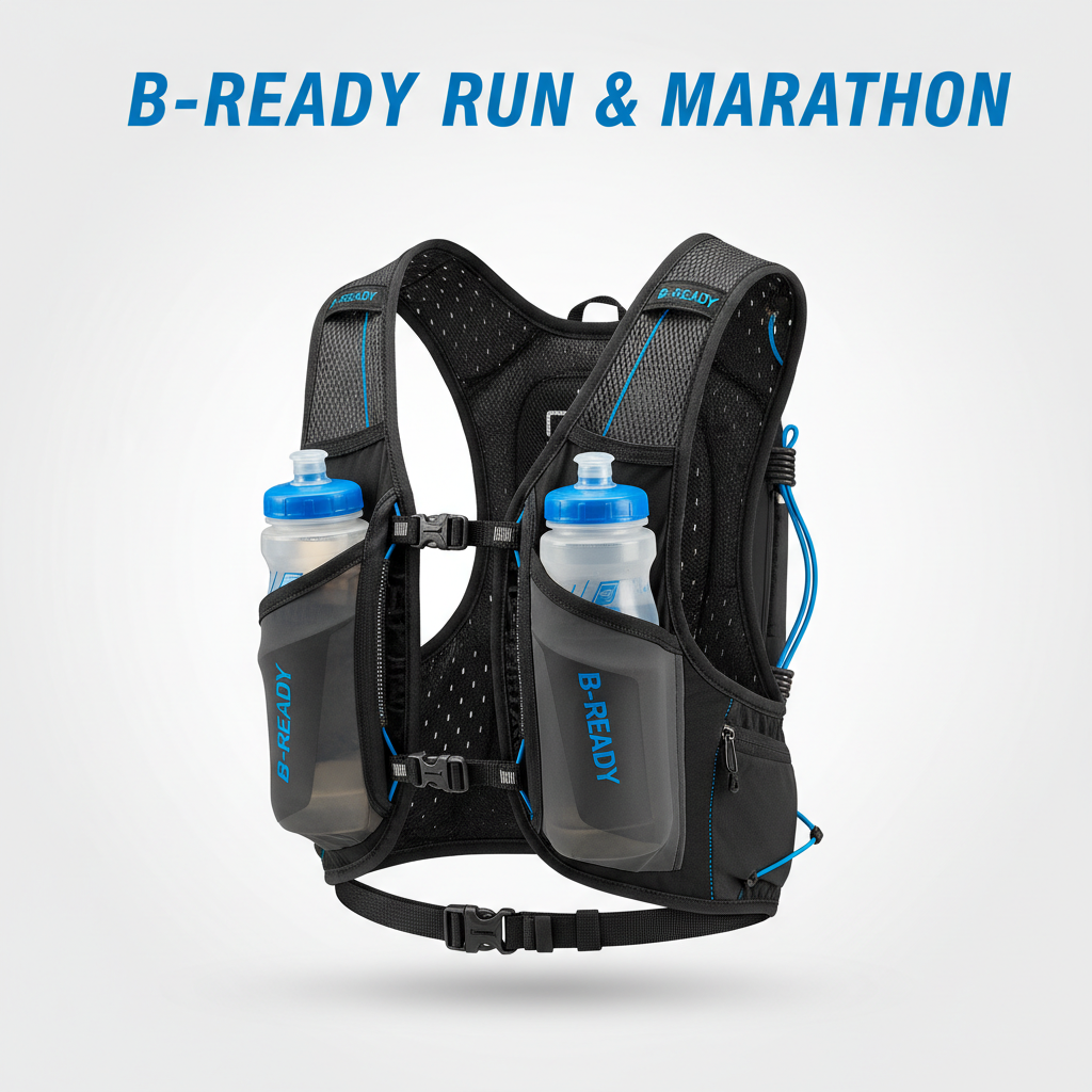 Generate a produkt image mit B-READY RUN & MARATHON headline 🎽 B-READY Laufweste mit Flaschenhalter - Trinken ohne Stoppen!
Ultraleichte Hydration-Weste mit 2×500ml Flaschen für Marathon, Trail &amp; Ultra Running
Nur 180g leicht (ohne Flaschen), 2×500ml Kapazität, perfekte Passform! Die professionelle Lösung für lange Läufe!