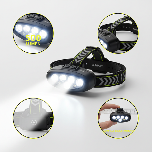 gwneriere ein profwssionelles produkt bild mit detail bilder und B-READY RUN HEADLIONE💡 B-READY Stirnlampe Laufen - Erhelle deine Nacht-Läufe!
Ultra-helle 500 Lumen LED Stirnlampe für Trail Running, Marathon &amp; Nacht-Training