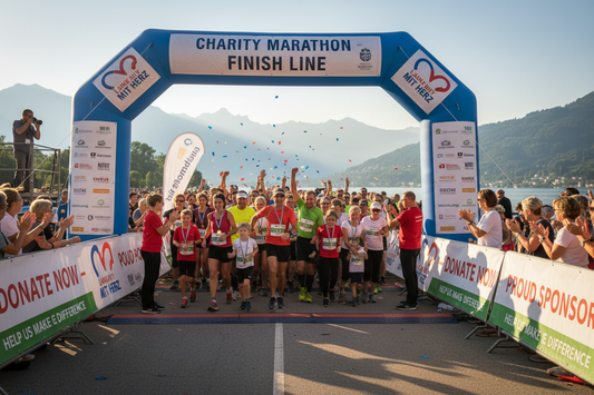 Charity Marathon Zieleinlauf mit Teilnehmern und Medaillen