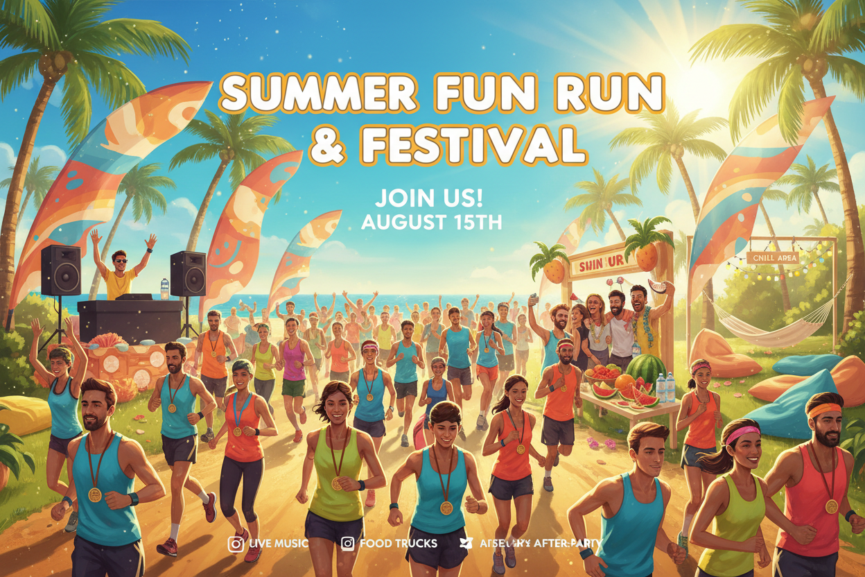 ☀️ SUMMER FUN RUN - Sommer, Sonne, Laufen!

Das ultimative Sommer-Lauf-Event! Strand oder Park, Musik, Fotos und gute Vibes!

✅ Was ist enthalten:
🏖️ Strand/Park Location - Schönste Spots
🎵 Musik &amp; DJ - Gute Stimmung garantiert
📸 Foto-Stationen - Instagram-ready
🎽 Event-Shirt - Sommerliches Design
🏅 Finisher-Medaille - Beach-Style
🚰 Erfrischungen - Wasser, Obst, Snacks
🎉 After-Run Party - Musik &amp; Chill-Area
❤️ Optional: Charity - Gutes tun