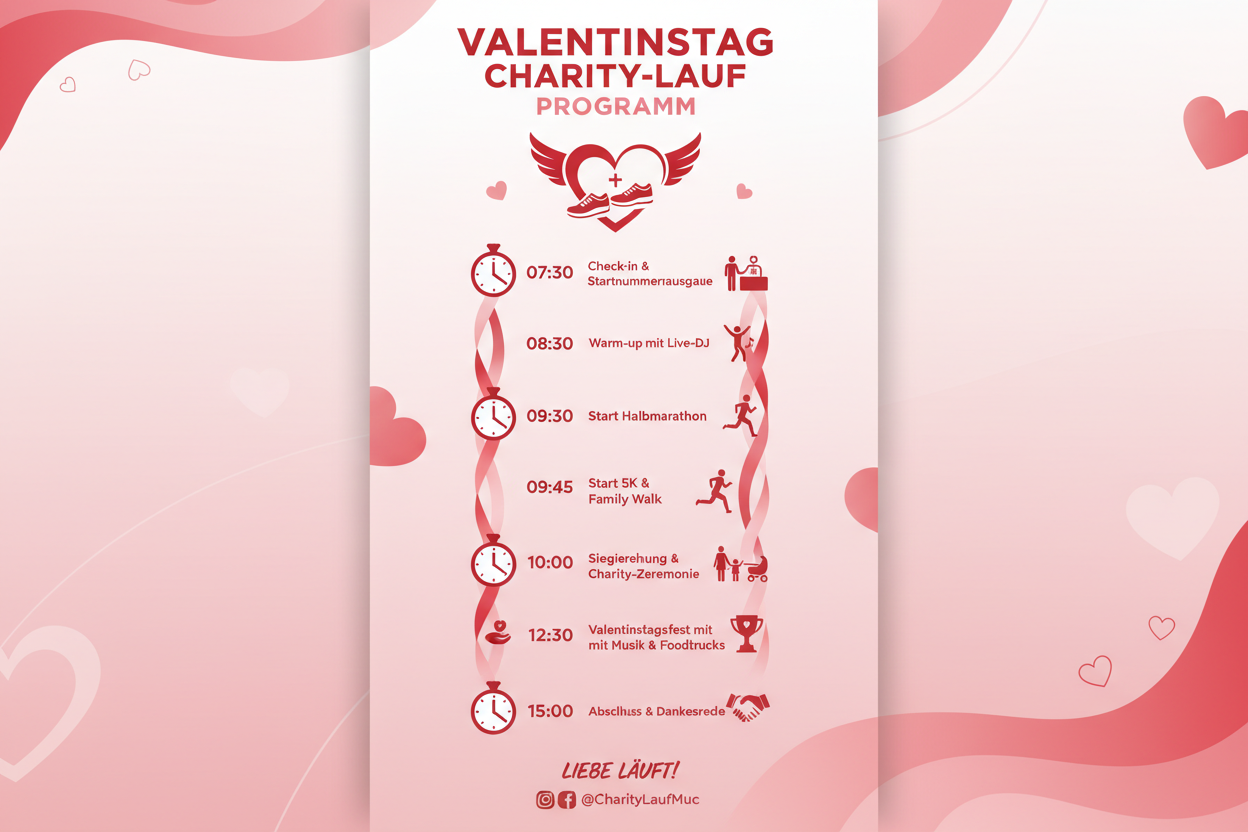 🕒 Tagesablauf:

Zeit	Programmpunkt
07:30	Check-in & Startnummernausgabe
08:30	Warm-up mit Live-DJ
09:30	Start Halbmarathon
09:45	Start 10K
10:00	Start 5K & Family Walk
12:30	Siegerehrung & Charity-Zeremonie
13:00	Valentinstagsfest mit Musik & Foodtrucks
15:00	Abschluss & Dankesrede