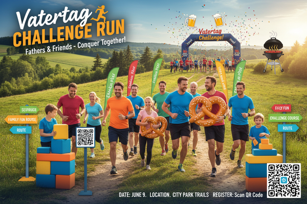 🍺 VATERTAGS-CHALLENGE RUN - Mehr als nur Laufen!

Das ultimative Vatertags-Erlebnis! Gruppenlauf mit Challenges, Aufgaben und Spaß - perfekt für Väter, Freunde und Teams!

✅ Was ist enthalten:
🏃 5-15 km Strecke - Angepasst an Gruppe
🎯 Team-Challenges - Geschick, Wissen, Teamwork
📱 QR-Code Stationen - Moderne Schnitzeljagd
🗺️ Karte &amp; Route - Orientierung &amp; Navigation
🚰 Trinkstationen - Wasser &amp; Erfrischungen
🍺 Finish-Area - Optional: Bier &amp; Grill (Partner)
🏅 Team-Medaillen - Für alle 