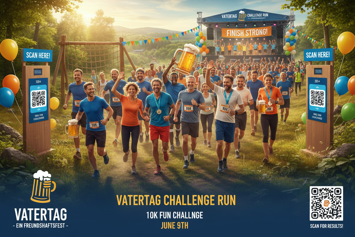 🍺 VATERTAGS-CHALLENGE RUN - Mehr als nur Laufen!

Das ultimative Vatertags-Erlebnis! Gruppenlauf mit Challenges, Aufgaben und Spaß - perfekt für Väter, Freunde und Teams!

✅ Was ist enthalten:
🏃 5-15 km Strecke - Angepasst an Gruppe
🎯 Team-Challenges - Geschick, Wissen, Teamwork
📱 QR-Code Stationen - Moderne Schnitzeljagd
🗺️ Karte &amp; Route - Orientierung &amp; Navigation
🚰 Trinkstationen - Wasser &amp; Erfrischungen
🍺 Finish-Area - Optional: Bier &amp; Grill (Partner)
🏅 Team-Medaillen - Für alle 