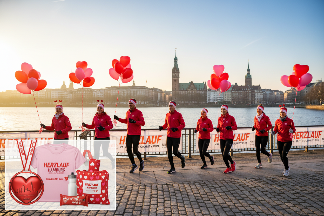📍 Veranstaltungsdetails:

Datum: Sonntag, 15. Februar 2026

Ort: Hamburg Innenstadt – Binnenalster &amp; Stadtpark

Startzeit: 09:30 Uhr

Distanzen: 5 km | 10 km | Halbmarathon (21,1 km)

Start &amp; Ziel: Jungfernstieg, Hamburg

Versorgungsstationen: Alle 5 km (Getränke, Snacks, Musik &amp; Motivation)

🎁 Im Ticket enthalten:

🎽 Offizielles B-READY Valentine’s Finisher-Shirt

🏅 Medaille 2026 – exklusives Herzdesign

💌 Teilnahmeurkunde &amp; Finisher-Zertifikat

🎒 Charity-Goodie-Bag

💛 Inklusive