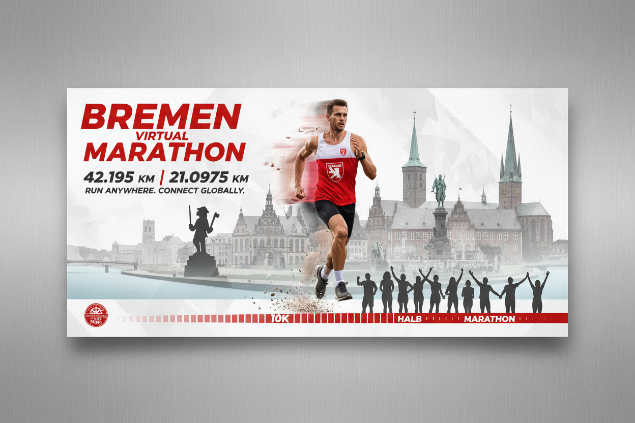 🏃 Virtual Marathon Bremen 2026 - Laufe für die Hansestadt!

Repräsentiere Bremen! Virtueller Marathon mit Bremen-Trikot in Rot-Weiß.

✅ Im Ticket enthalten (€55):
🎽 Bremen City Trikot - Design mit Bremer Stadtmusikanten (Rot/Weiß)
🏅 Digitale Finisher-Medaille
📜 Digitales Zertifikat
🗺️ Bremen Route Map - 42,195 km (Weser → Marktplatz → Schnoor)
🏆 Leaderboard
❤️ €25 Charity Spende
📋 Spendenquittung

Lauf für Bremen! Bremen Marathon Event von B-READY26.COM