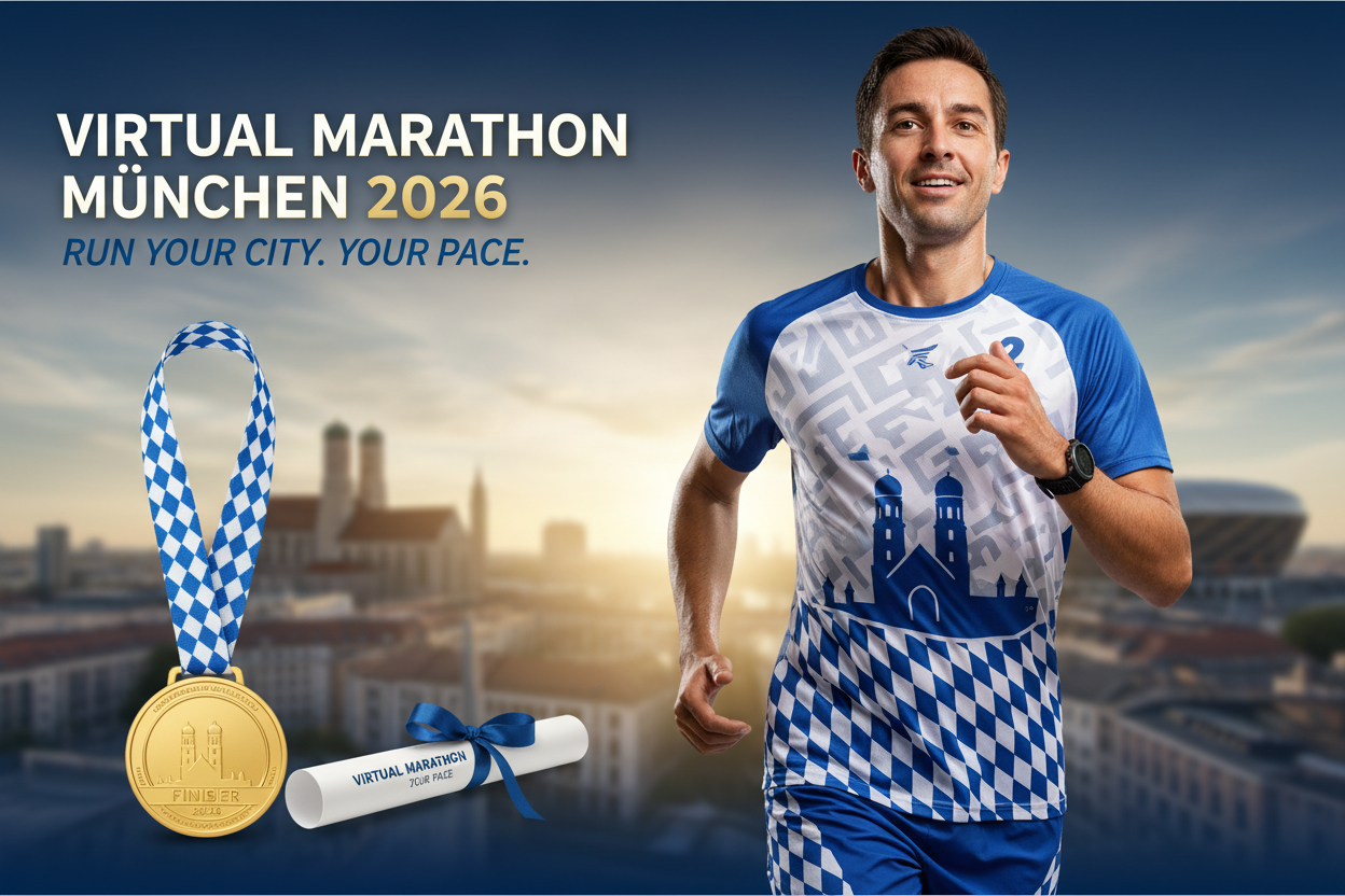 🏃 Virtual Marathon München 2026 - Laufe für Bayern!

Repräsentiere München &amp; Bayern weltweit! Nimm teil am virtuellen München Marathon mit offiziellem Bayern City-Trikot in Blau-Weiß und unterstütze Kinder in Deutschland.

✅ Was ist im Ticket enthalten (€55):
🎽 München City Trikot - Exklusives Design mit Frauenkirche &amp; Bayern-Farben (Blau/Weiß)
🏅 Digitale Finisher-Medaille - Personalisiert mit deinem Namen &amp; Zeit
📜 Digitales Zertifikat - Offizielles B-READY Finisher-Zertifikat
🗺️ München Ro