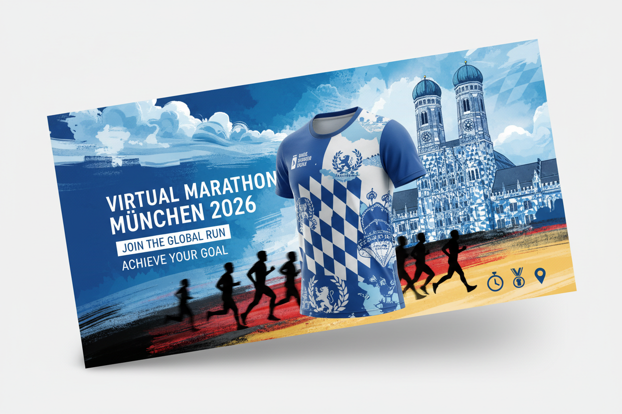 🏃 Virtual Marathon München 2026 - Laufe für Bayern!

Repräsentiere München &amp; Bayern weltweit! Nimm teil am virtuellen München Marathon mit offiziellem Bayern City-Trikot in Blau-Weiß und unterstütze Kinder in Deutschland.

✅ Was ist im Ticket enthalten (€55):
🎽 München City Trikot - Exklusives Design mit Frauenkirche &amp; Bayern-Farben (Blau/Weiß)
🏅 Digitale Finisher-Medaille - Personalisiert mit deinem Namen &amp; Zeit
📜 Digitales Zertifikat - Offizielles B-READY Finisher-Zertifikat
🗺️ München Ro