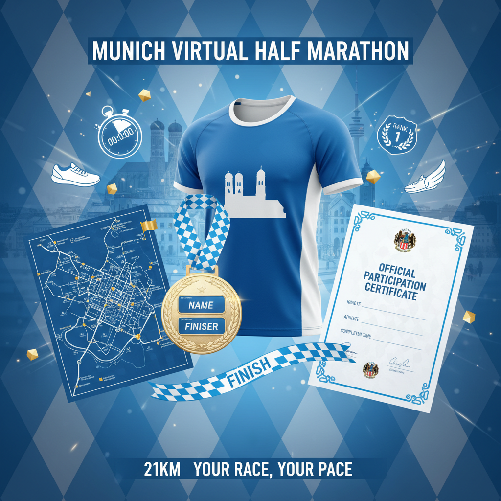 🏃 VIRTUAL RUN MÜNCHEN 21KM - Halbmarathon!

21km durch München! Die Challenge für Bayern!

✅ Komplett-Paket (€45):
🎽 München City-Trikot - Frauenkirche, Blau/Weiß
🏅 Digitale Medaille - Mit Name &amp; Zeit
📜 Zertifikat - Offiziell
🗺️ 21km Route-Map - Große München-Runde
🏆 Leaderboard - Halbmarathon Kategorie