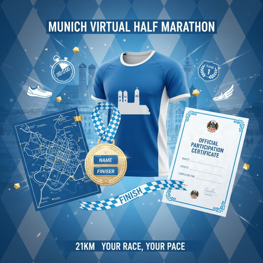 🏃 VIRTUAL RUN MÜNCHEN 21KM - Halbmarathon!

21km durch München! Die Challenge für Bayern!

✅ Komplett-Paket (€45):
🎽 München City-Trikot - Frauenkirche, Blau/Weiß
🏅 Digitale Medaille - Mit Name &amp; Zeit
📜 Zertifikat - Offiziell
🗺️ 21km Route-Map - Große München-Runde
🏆 Leaderboard - Halbmarathon Kategorie