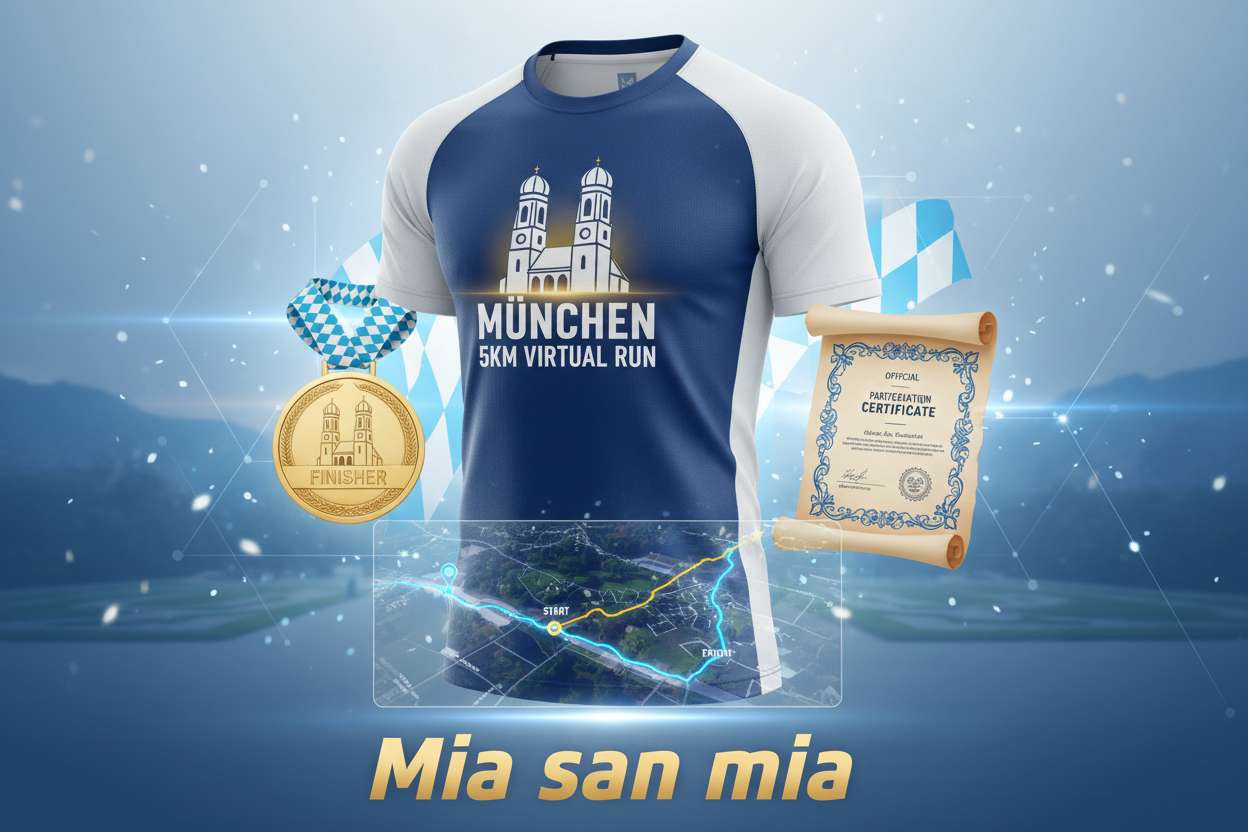 🏃 VIRTUAL RUN MÜNCHEN 5KM - Mia san mia!

5km für München! Laufe für die bayerische Metropole - perfekt für Einsteiger!

✅ Komplett-Paket (€25):
🎽 München City-Trikot - Frauenkirche, Blau/Weiß
🏅 Digitale Medaille - Mit Name &amp; Zeit
📜 Zertifikat - Offiziell
🗺️ 5km Route-Map - Englischer Garten
🏆 Leaderboard - 5km Kategorie