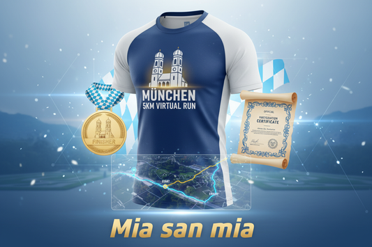 🏃 VIRTUAL RUN MÜNCHEN 5KM - Mia san mia!

5km für München! Laufe für die bayerische Metropole - perfekt für Einsteiger!

✅ Komplett-Paket (€25):
🎽 München City-Trikot - Frauenkirche, Blau/Weiß
🏅 Digitale Medaille - Mit Name &amp; Zeit
📜 Zertifikat - Offiziell
🗺️ 5km Route-Map - Englischer Garten
🏆 Leaderboard - 5km Kategorie