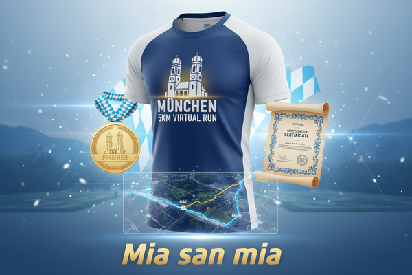 🏃 VIRTUAL RUN MÜNCHEN 5KM - Mia san mia!

5km für München! Laufe für die bayerische Metropole - perfekt für Einsteiger!

✅ Komplett-Paket (€25):
🎽 München City-Trikot - Frauenkirche, Blau/Weiß
🏅 Digitale Medaille - Mit Name &amp; Zeit
📜 Zertifikat - Offiziell
🗺️ 5km Route-Map - Englischer Garten
🏆 Leaderboard - 5km Kategorie