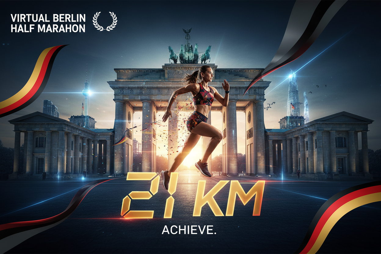 website link 🏃 VIRTUAL RUN BERLIN 21KM - Halbmarathon!

21km durch die Hauptstadt! Die Challenge für ambitionierte Läufer!

✅ Komplett-Paket (€45):
🎽 Berlin City-Trikot - Brandenburger Tor, Schwarz/Rot/Gold
🏅 Digitale Medaille - Mit Name &amp; Zeit
📜 Zertifikat - Offiziell
🗺️ 21km Route-Map - Große Berlin-Runde
🏆 Leaderboard - Halbmarathon Kategorie
❤️ €20 Charity - Berliner Kinder-Hilfe
📋 Spendenquittung - Steuerlich absetzbar
📖 8-Wochen Trainingsplan - Inklusive
🎯 Perfekt für:

Ambit