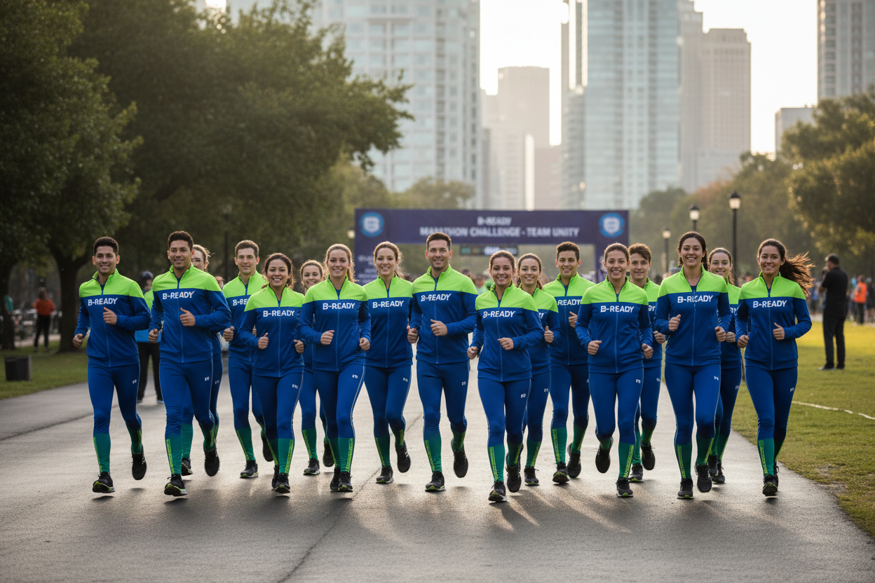 wie vorher alle im B-READY trainings anzug firmen veranstaltung mehrere mitarbeiter laufen gemeinsam 